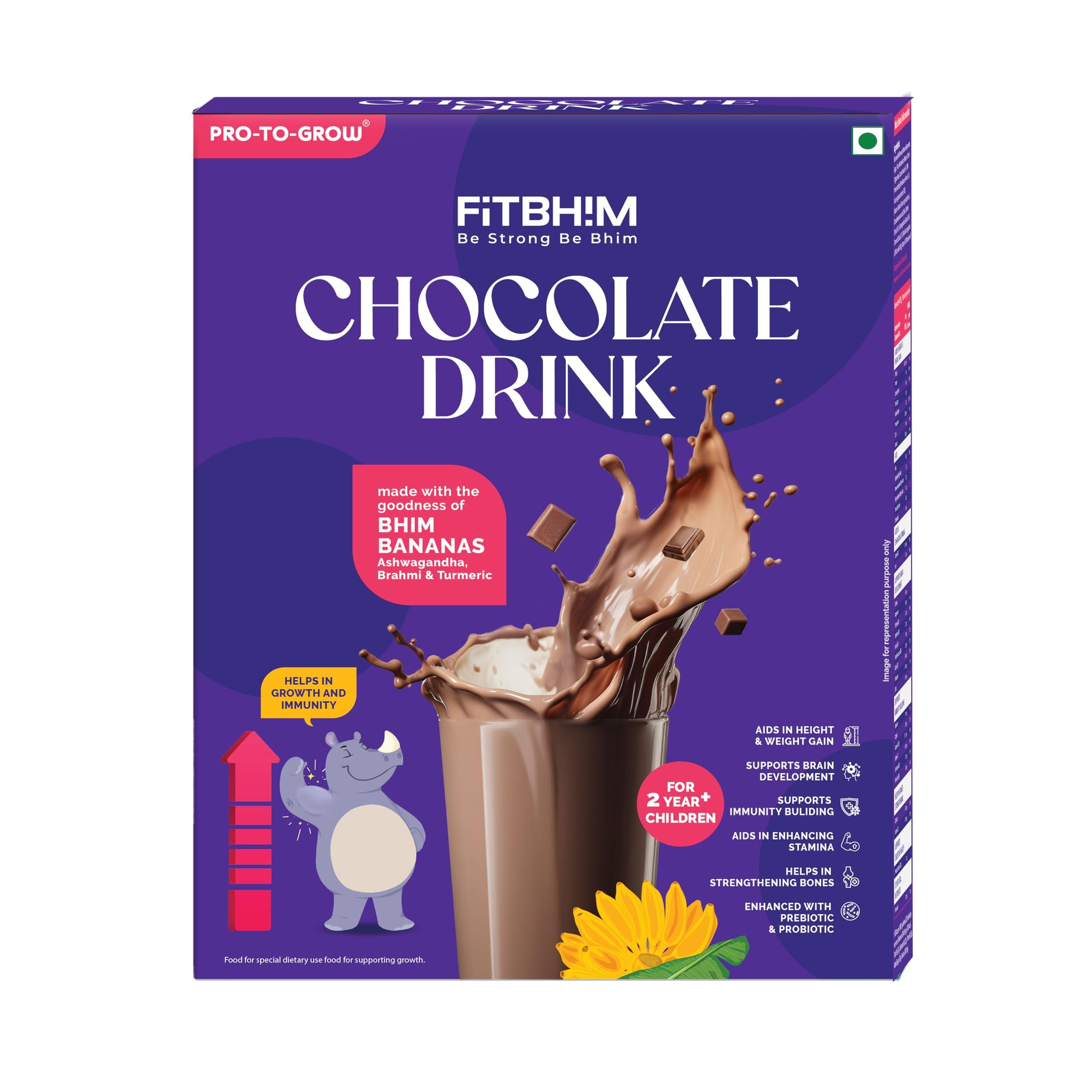 Pro To Grow Fitbhim Nutritional Chocolate Drink Powder 300g | Enriched with Bhim Banana & Ayurvedic Herbs | Belgian Chocolate Flavor for Kids (2+ years) | Brain & Growth Booster with Immunity Support
