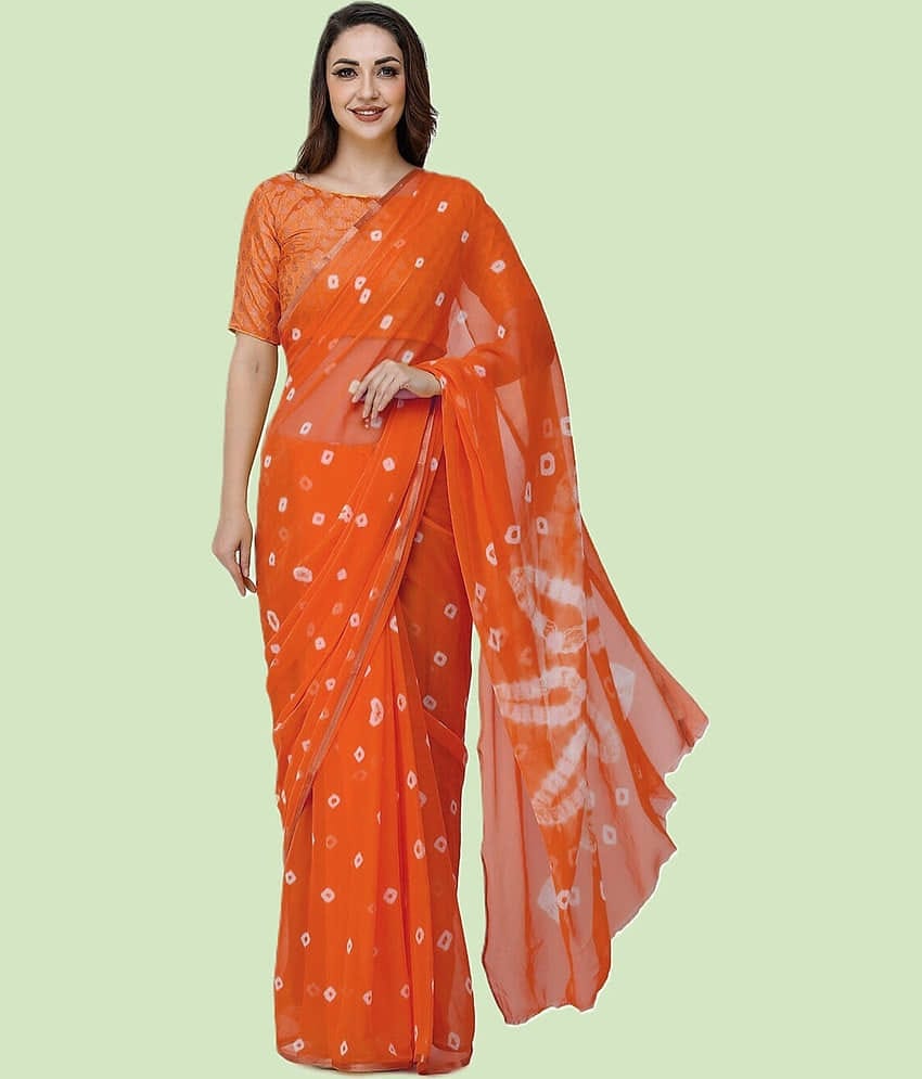 clafoutis Chiffon Dyed Bandhani Sarees With Unstitched Blouse Piece ( Orange )