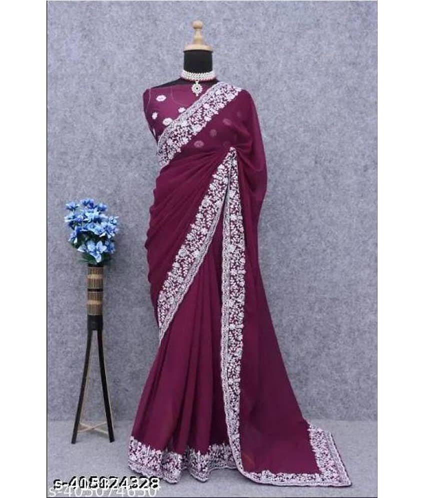 Shivadit ethnic Georgette Embroidered Saree With Unstitched Blouse Piece ( Purple )