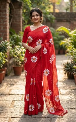 Stylish khadi sunflower printed handloom saree