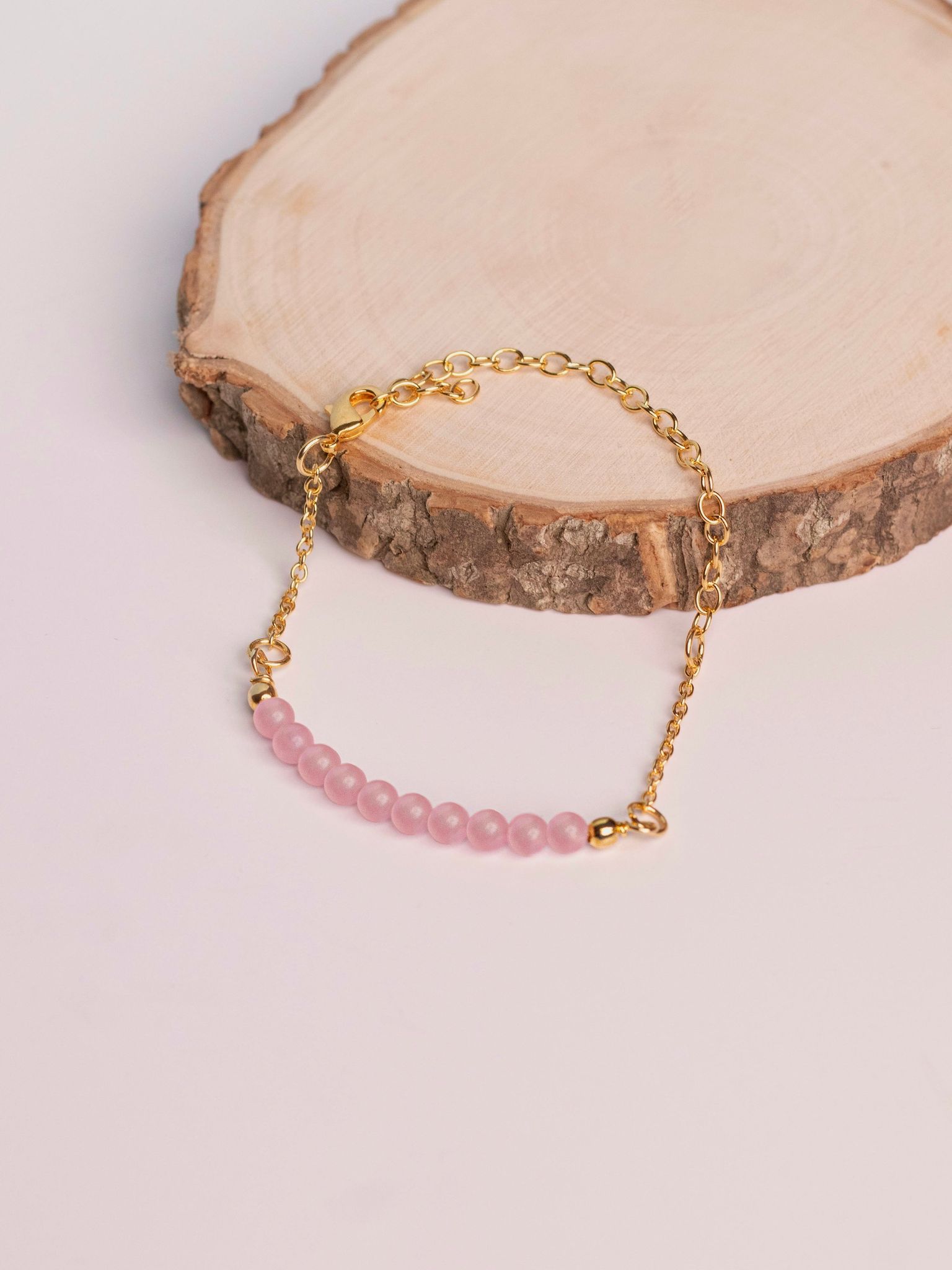 Rose Quartz Beaded Gemstone Bracelet - 18k Gold Plated