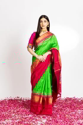 Parrot Green Pochampally Saree With Beautful Red And Zari Borde With Ikkat Detailing
