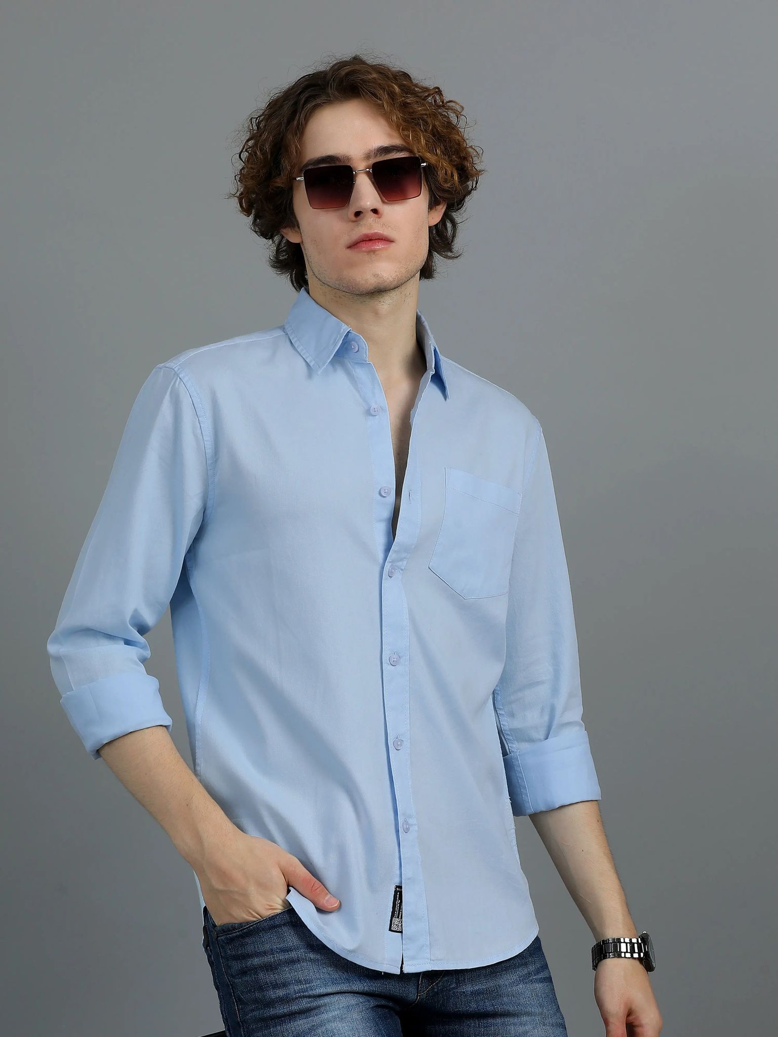 Textured Men Shirt, Regular Fit, Pure Cotton, Full Sleeve, Light Blue-S