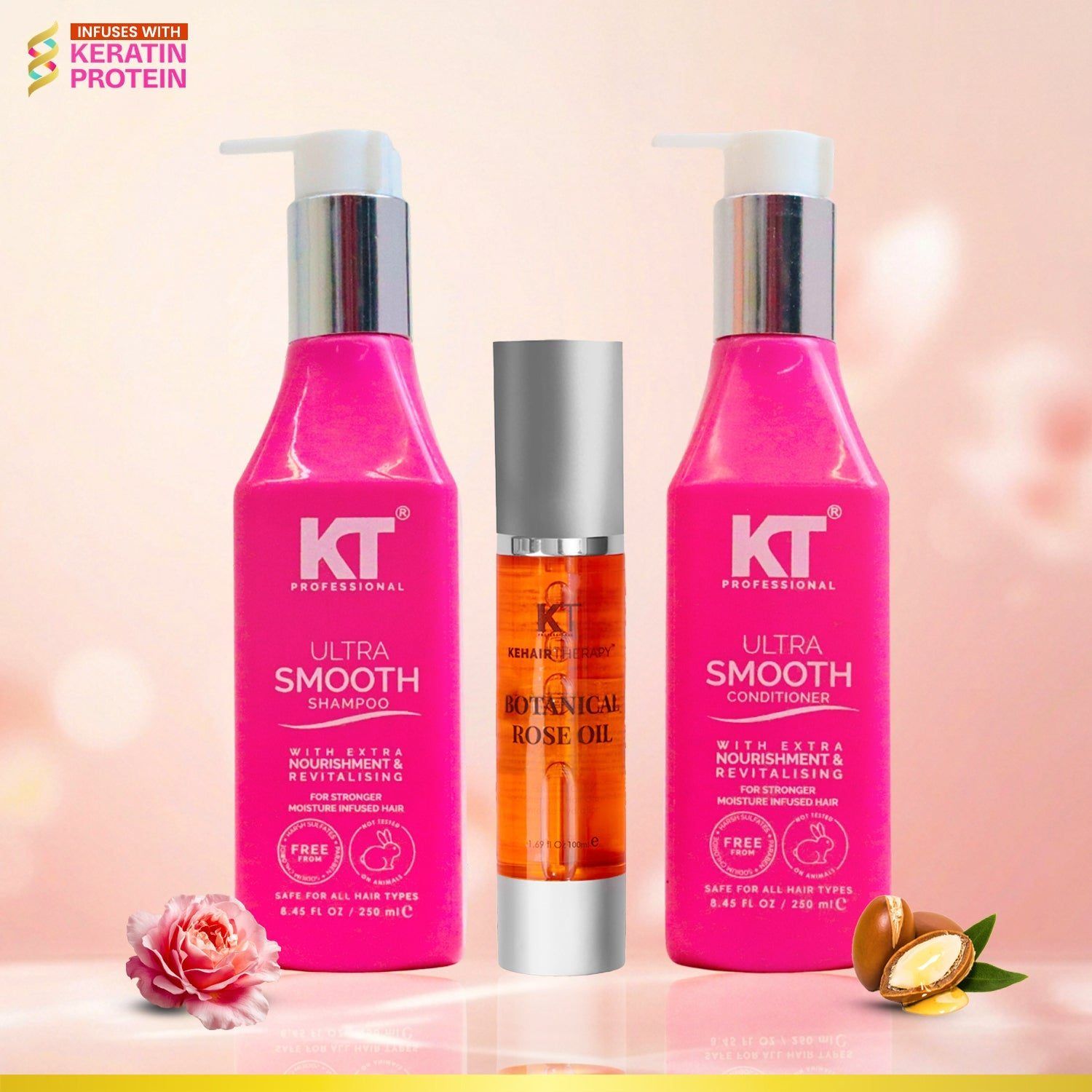 KT Professional Ultra Smooth Shampoo & Conditioner + Botanical Rose Oil Serum 