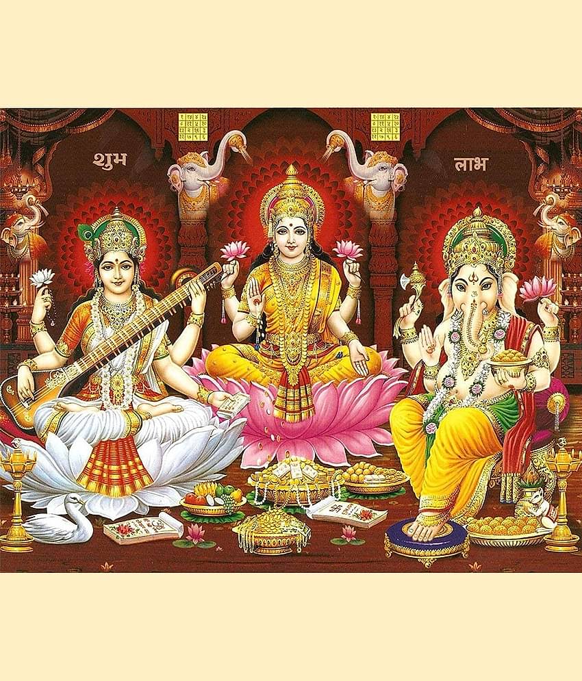 Asmi Collection Lakshmi Saraswati Ganesha Vinyl Wall Poster Without Frame