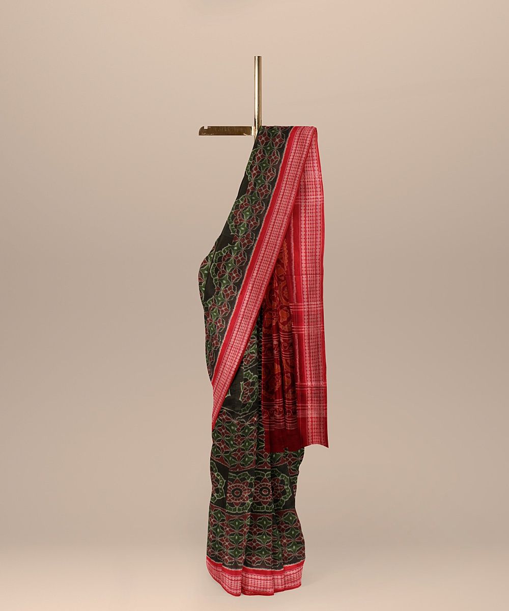 Olive Green Red cotton Handloom Sambalpuri Saree
