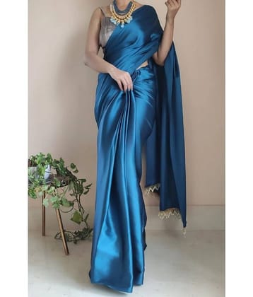 JULEE Satin Solid Saree With Unstitched Blouse Piece ( Navy Blue )
