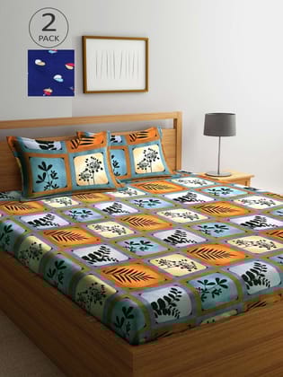 Pack of 2 Orange & Blue Floral 300 TC 2 King Bedsheet with 4 Pillow Covers