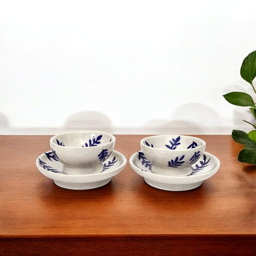 Handcrafted Jaipur Blue Pottery Bowl & Plate Set  Indigo Leaf Pattern