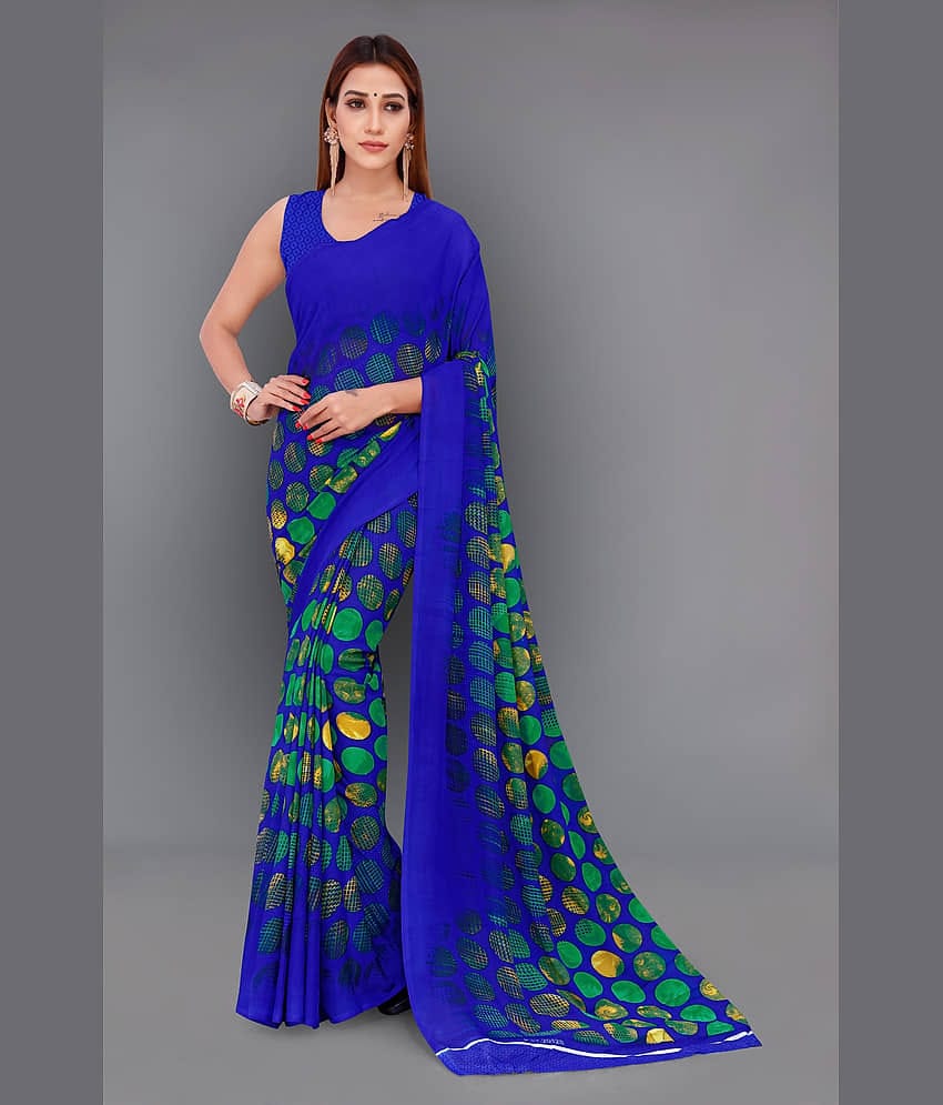 ANAND SAREES Georgette Printed Regular Saree With Unstitched Blouse Piece ( Blue )