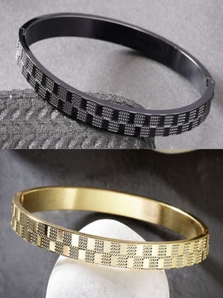 NVR Men Set of 2 Gold & Black Rhodium-Plated  Stainless Steel Kada Bracelet-Black / Male / Adults