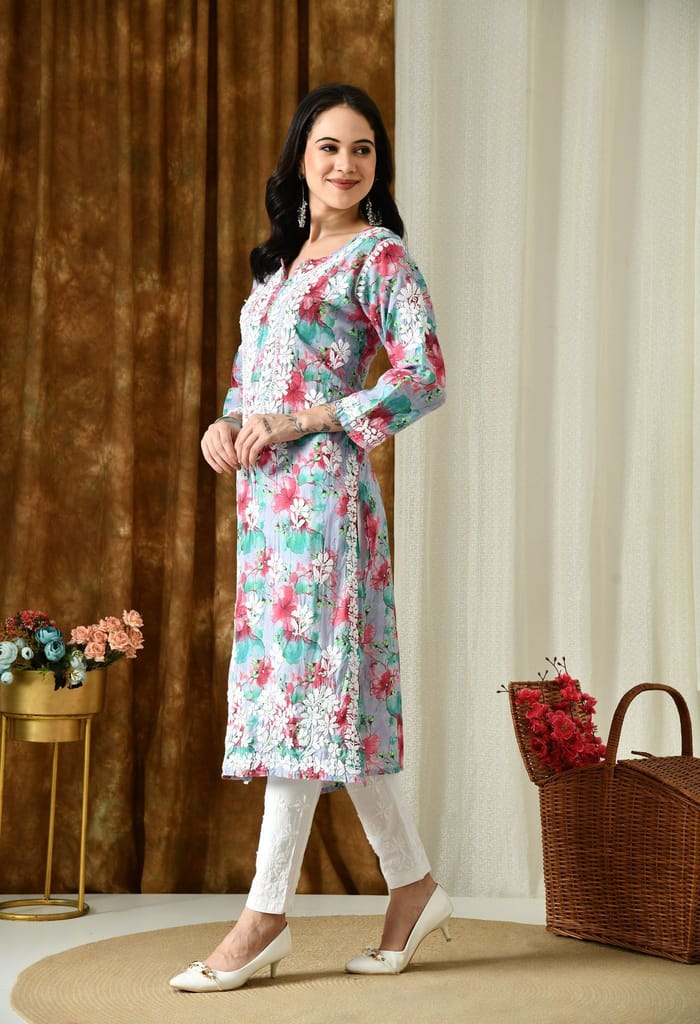 Multi color Mulmul Pure Cotton Lucknow Chikankari Kurta -Lavender