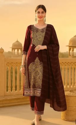 Women's Maroon Viscose Rayon Printed Kurta Set