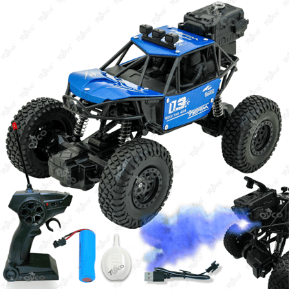 TOYCO 1:18 Alloy Rock Crawler - Rechargeable RC Car with Water Spray System, LED Smoke Effect & Anti-Slip Tires | Off-Road Toy Truck/Car Gift for Boys Age 4+, Blue