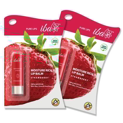 Iba Pure Lips Moisture Rich Lip Balm - Strawberry, 4.5 g (Pack of 2) | For Pigmented, Dry Damaged & Chapped Lips | Enriched with Cocoa Butter, Shea Butter l Glossy Finish | 100% Natural | Halal Certified & Vegan Makeup Iba Pure Lips Moisture Rich Lip Bal