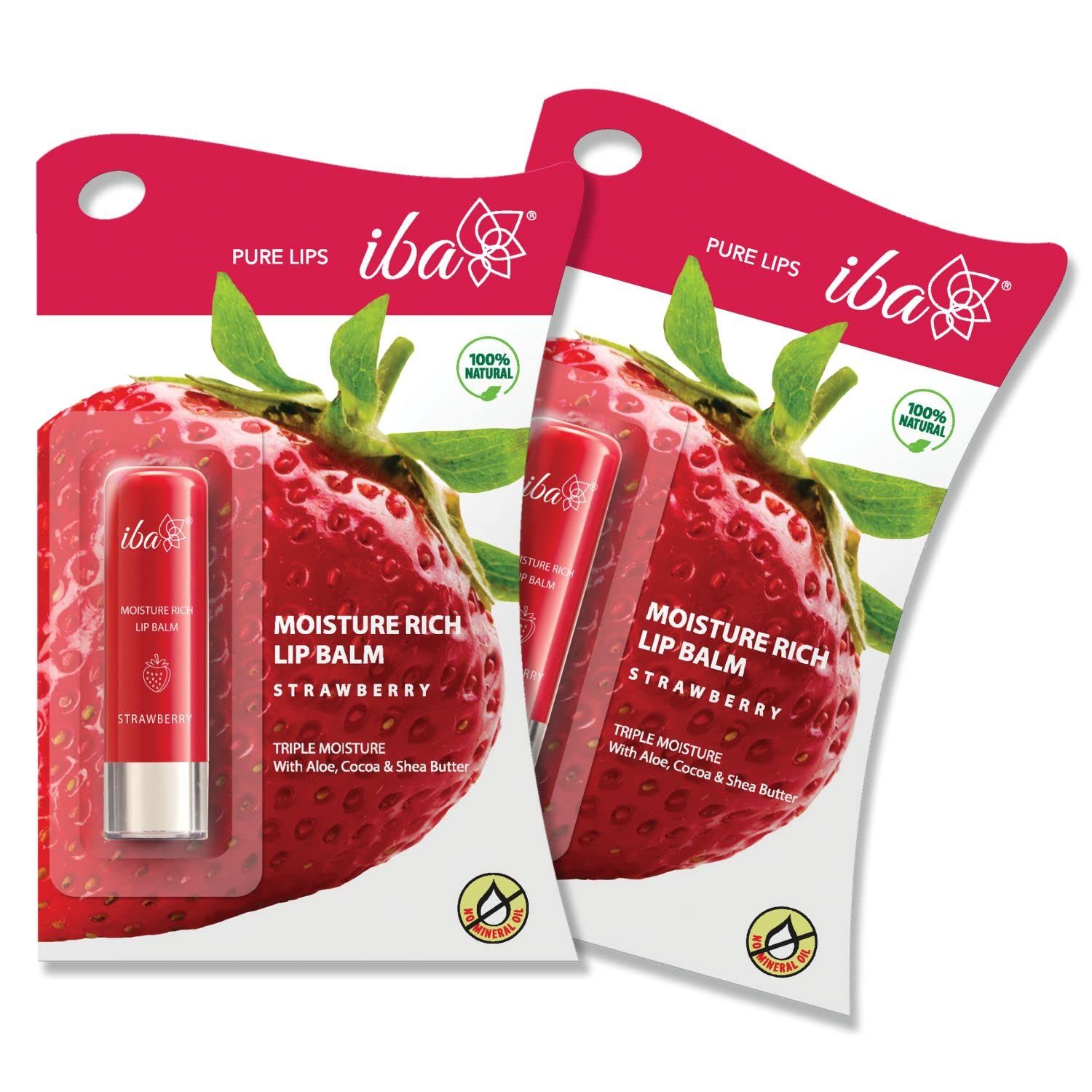 Iba Pure Lips Moisture Rich Lip Balm - Strawberry, 4.5 g (Pack of 2) | For Pigmented, Dry Damaged & Chapped Lips | Enriched with Cocoa Butter, Shea Butter l Glossy Finish | 100% Natural | Halal Certified & Vegan Makeup Iba Pure Lips Moisture Rich Lip Bal