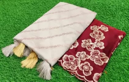 Shefon Silk Cream Saree with Elegant Chocolate-Colored Blouse