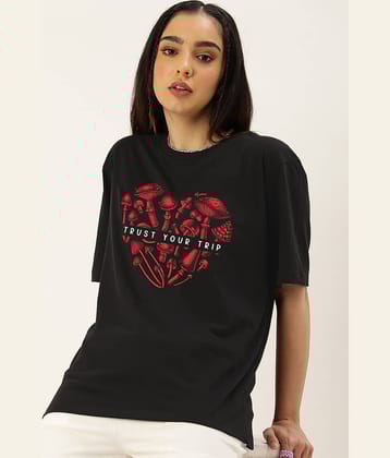 JUNEBERRY Women Cotton Printed Oversized Fit Round Neck T-Shirt ( Black )