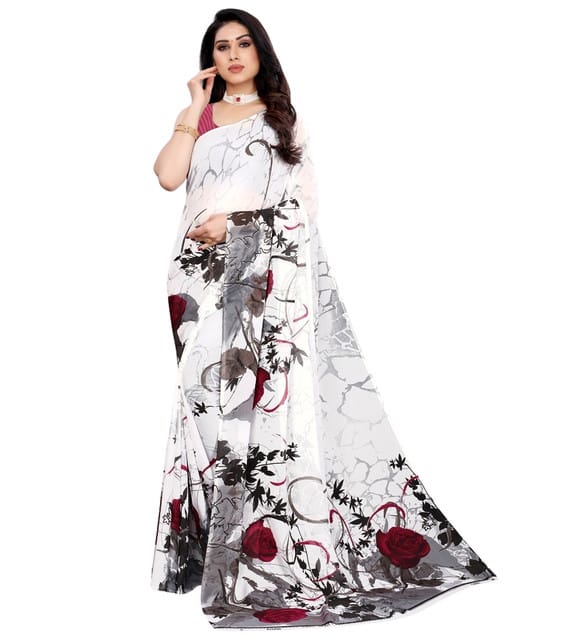 Generic Women's Georgette Printed Saree with Unstitched Blouse Piece, Soft Lightweight 5.5 m Sari for Daily, Office and Wear (White, Design 67588)