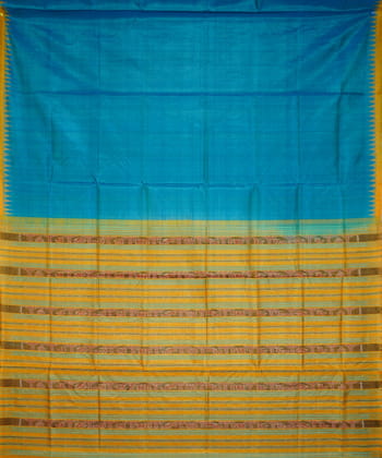 Serifed sky blue yellow tussar silk handloom saree