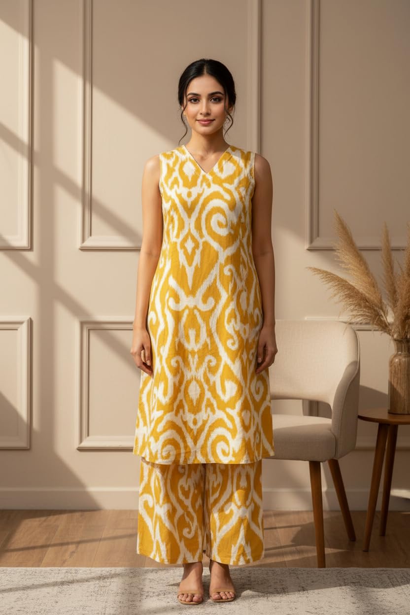 Women Printed Kurta Set with Pants | Sleeveless A-Line Ethnic Kurta for Casual Outgoings & Offices (Yellow)
