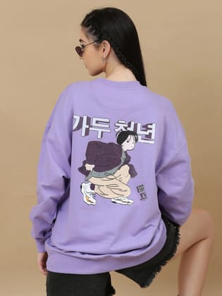 Women Printed Oversized Sweatshirt Pure Cotton Full Sleeve Lavender-XXS / Lavender