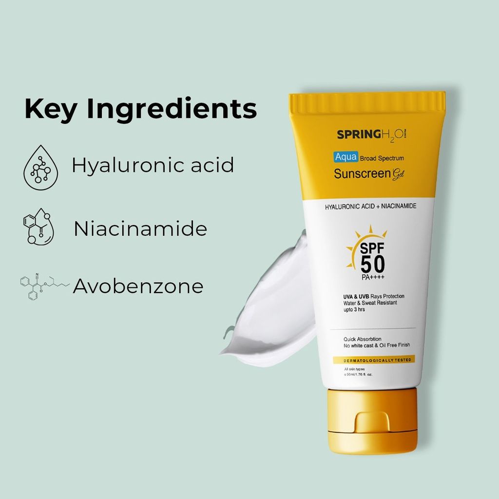 Spring H2O Aqua Broad Spectrum Sunscreen Gel SPF 50 PA++++ with Hyaluronic Acid + Niacinamide for UVA & UVB Rays Protection