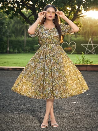 Green Leaf Printed Notch Neck Dress-S