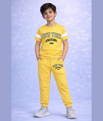 Trampoline Pack of 1 Boys Cotton Blend T-Shirt & Trackpants Set ( Yellow )