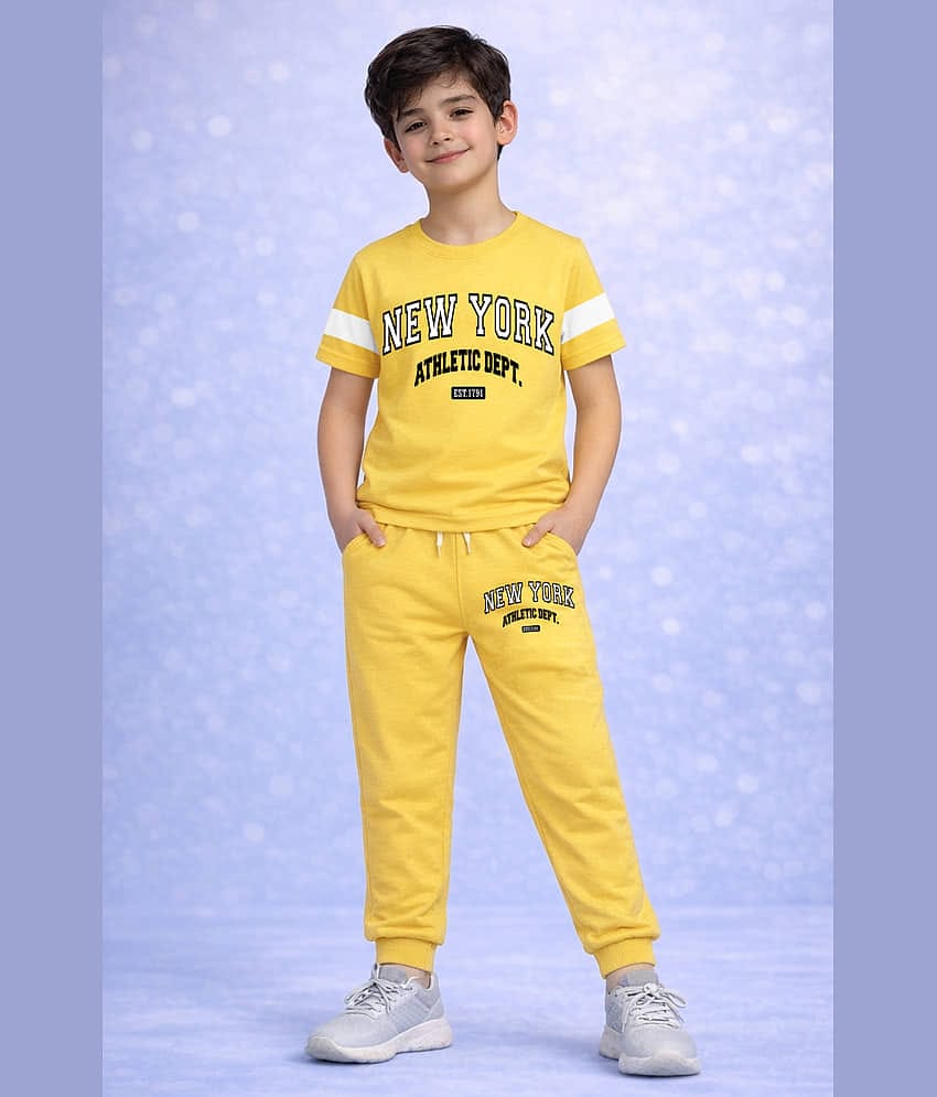 Trampoline Pack of 1 Boys Cotton Blend T-Shirt & Trackpants Set ( Yellow )