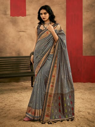 Grey Pure Patola Handloom Weaving Silk Saree