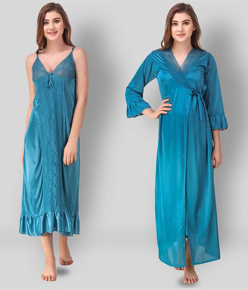 Romaisa - Blue Satin Women's Nightwear Nighty & Night Gowns ( Pack of 2 )