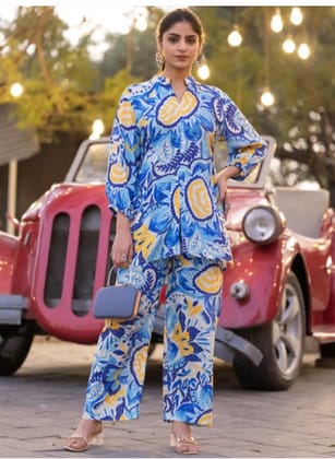 PIRRA DESIGNS Floral Printed Mandarin Collar Tunic With Trousers
