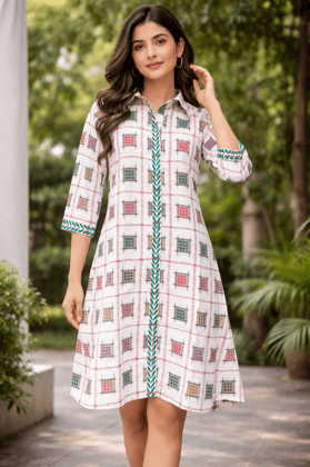 Bivabari Sambalpuri Handloom Cotton Dress | Off-White | L | Ikat Pattern, Collared, Lined | Ethnic Casual