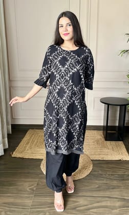 Black Printed Kurti with Afgani Salwar Set-M