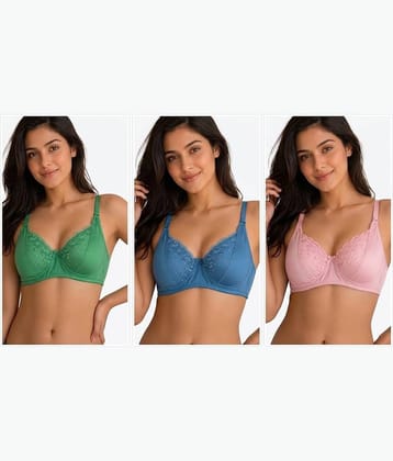 Kiran Enterprises Pack of 3 Net Non Padded T-Shirt Bra For Women ( Blue,Green,Pink )