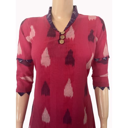 Ikat Cotton A line  Kurta with Shawl Collar & Wooden Button Details,   Pink,  KI1030-S