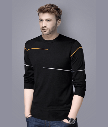 Reya Cotton Blend Regular Fit Striped Full Sleeves Men's Round T-Shirt - Black ( Pack of 1 )
