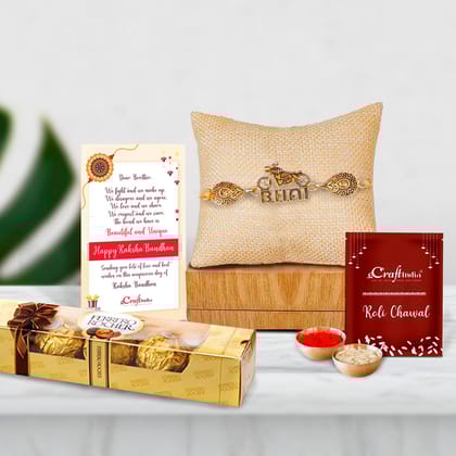 Designer Bike Bhai Rakhi with Ferrero Rocher (4 pcs) and Roli Chawal Pack, Best Wishes Greeting Card