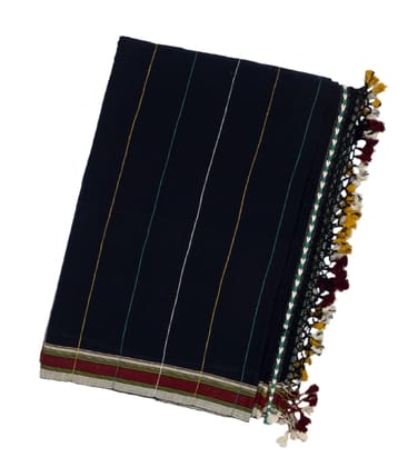 Midnight Blue Handloom Bhujodi Cotton Saree With Yellow Stripes-Midnight Blue