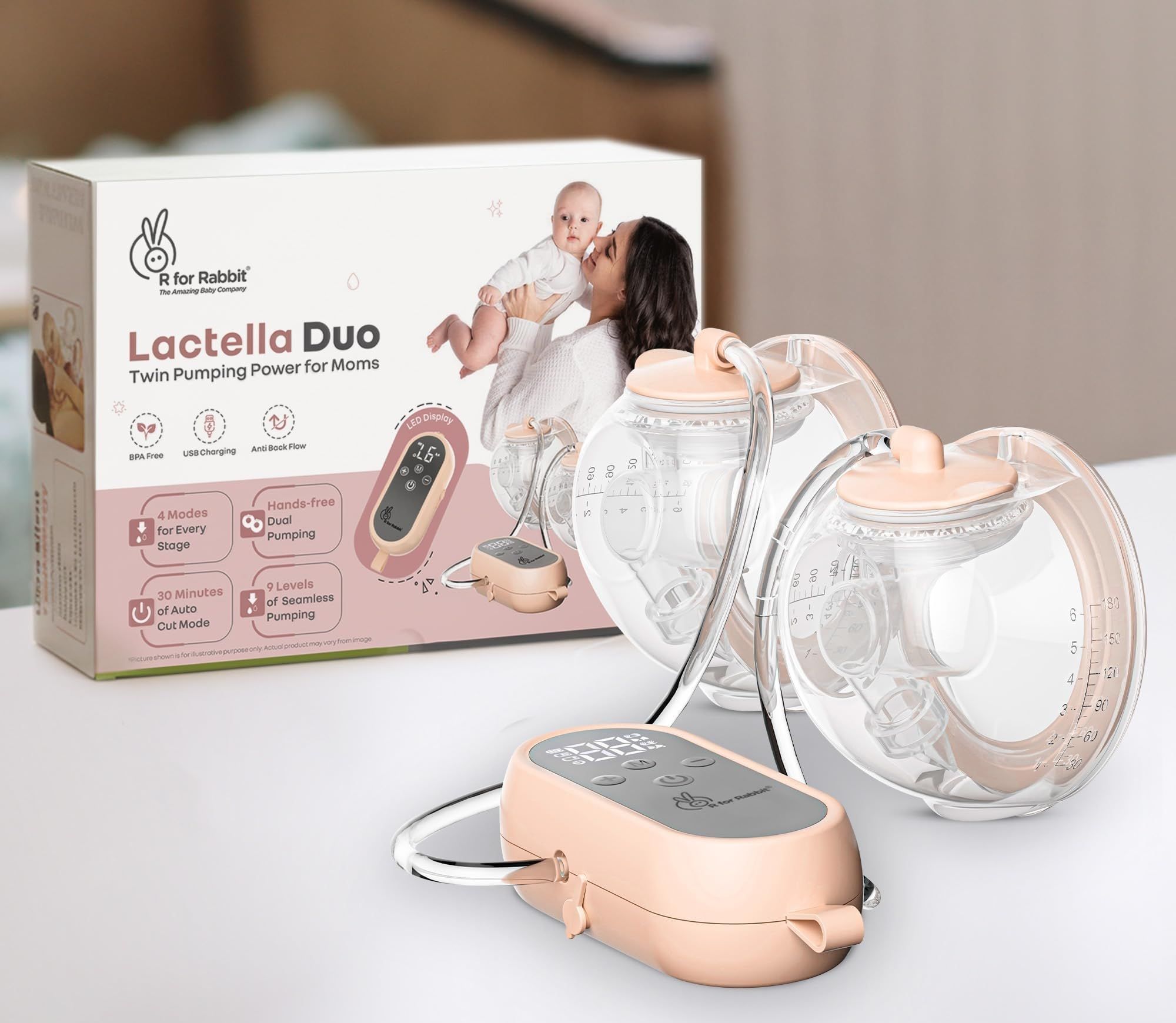 R for Rabbit Lactella Duo Electric Breast Pump 4 Modes & 9 Levels of Automatic Pumping, Anti-Backflow System, Rechargeable, Lightweight & Portable Wearable Milk Pump for Breastfeeding Mothers (Peach) R for Rabbit Lactella Duo Electric Breast Pump 4 Modes