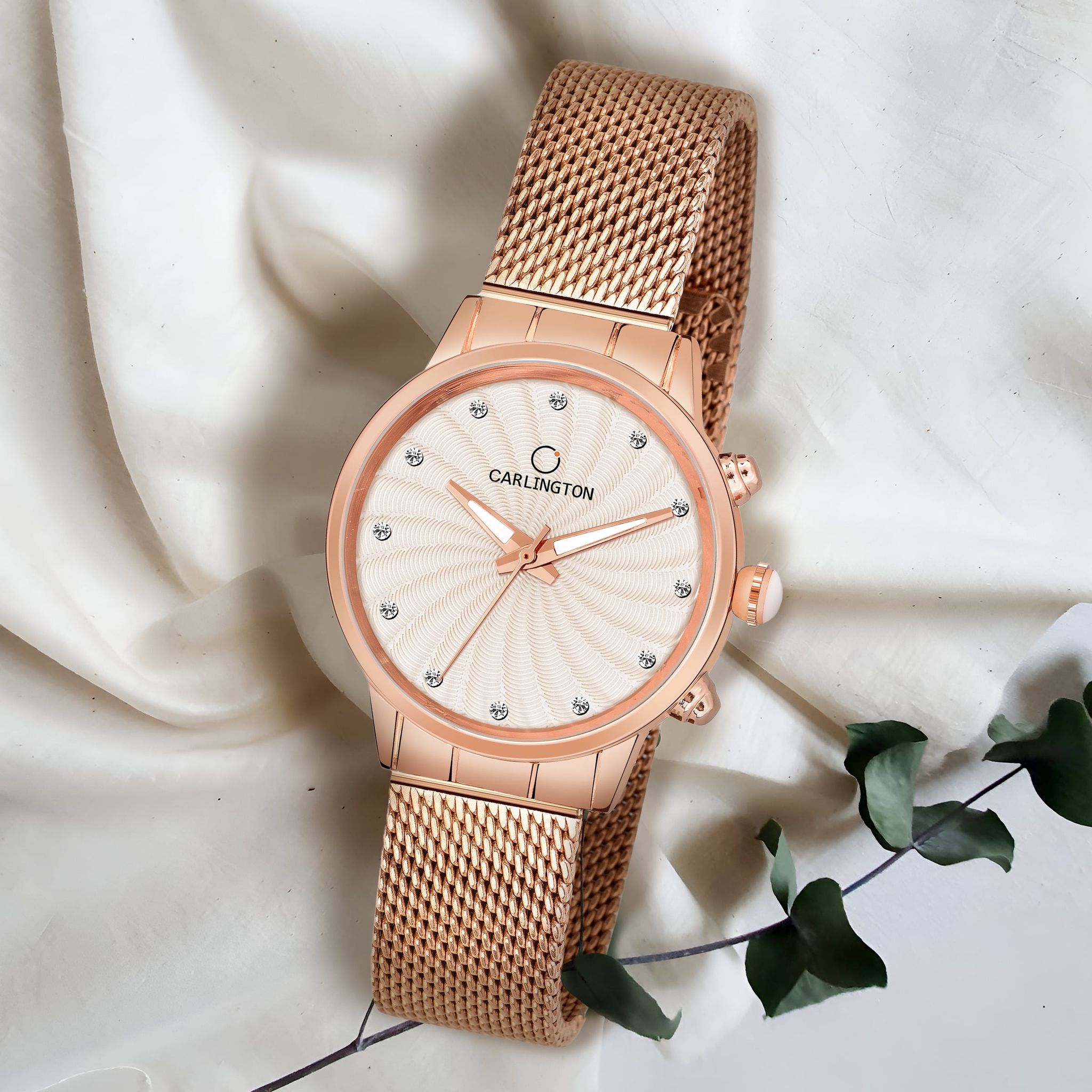 Carlington Elite Ladies Self Adjustable Mesh Strap Water Resistant Analog Watch - For Women CT2017-RoseWhite