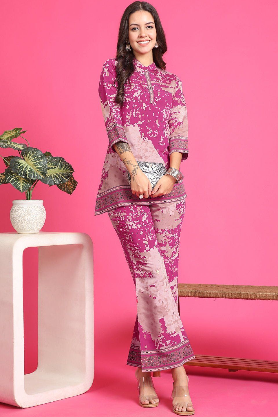Pink Abstract Printed Chanderi Premium Co-Ord Set for Women | S-3XL | Claura-S