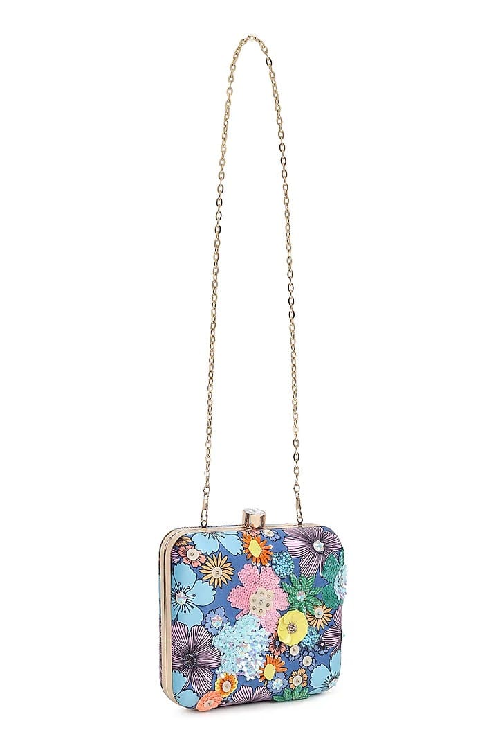 Blue Satin Printed & Sequins Work Clutch