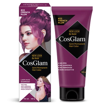 COSGLAM Semi Permanent Hair Color, No Peroxide, Non Oxidative, Ammonia Free Hair Colour 22 French Plum - 120gm