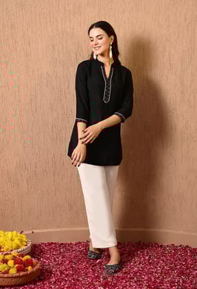 Black Silk Embroidered Tunic-XS