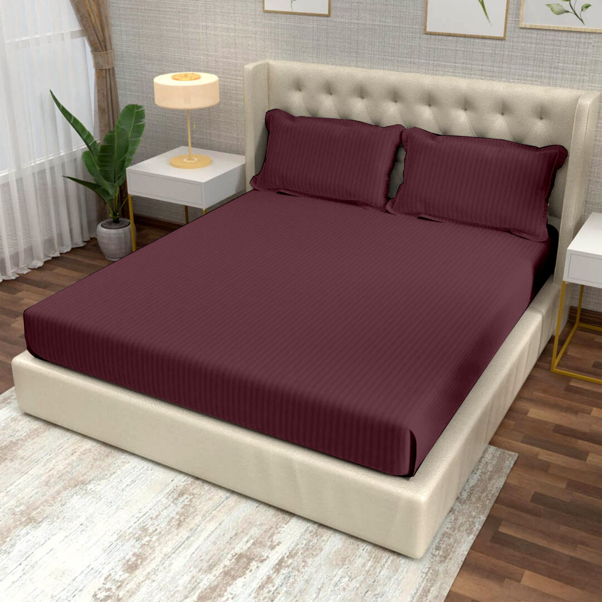 Red Wine Italian Stripes Flat King Size Bedsheet-King / Red Wine / HT213KS
