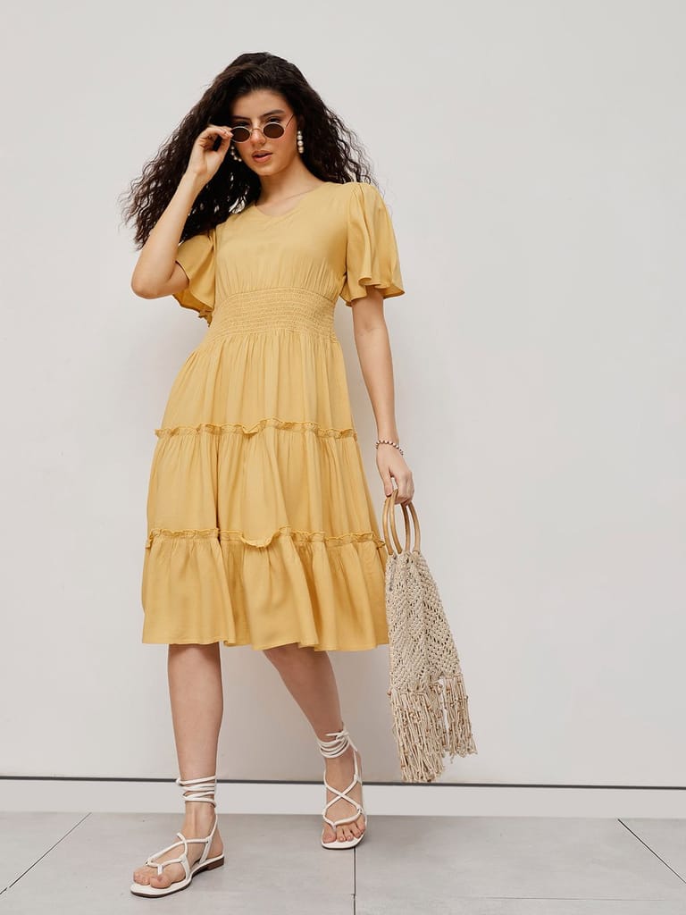 Flounce Midi Summer Dress Yellow