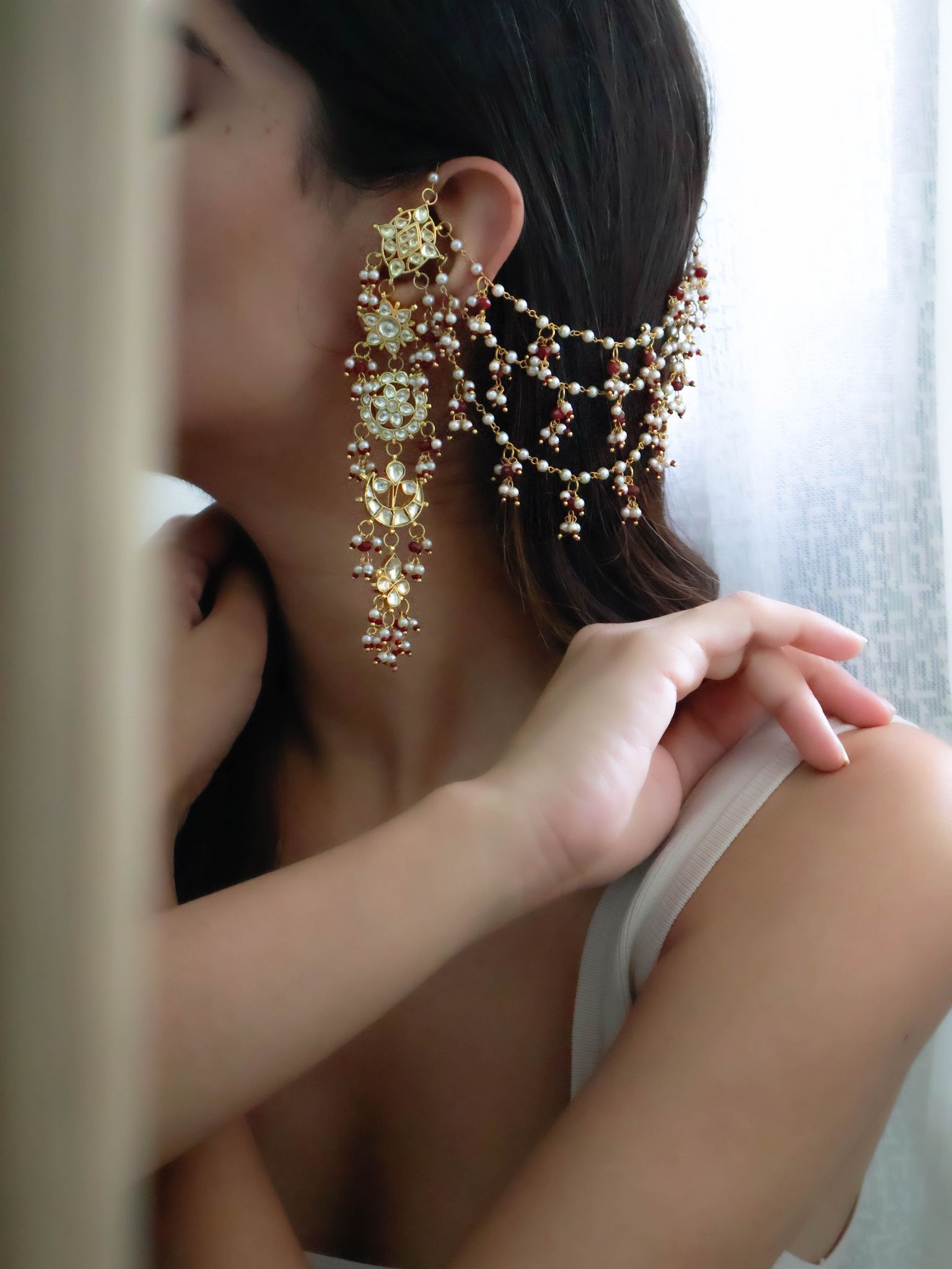 Amisa Kundan Red Earchain Earrings-Red