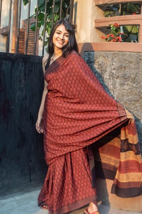 Natural dyed Bagru cotton saree - Roheda- Gulab Discharge Mulmul Sarees